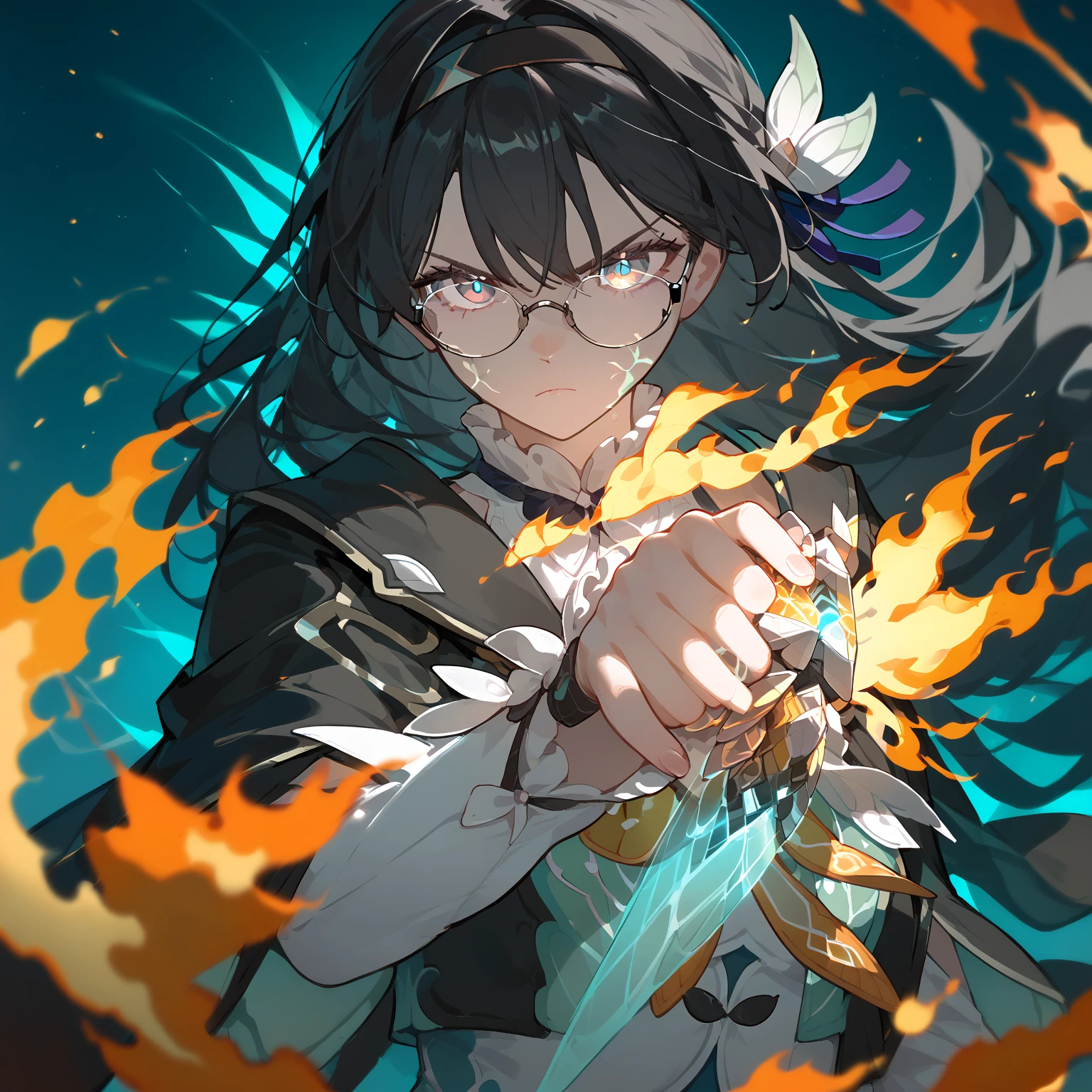 (score_9, score_8_up, score_7_up), 1girl, fireflyhsr, black hair, eyeglasses, hairband, holding henshin device, henshin, veins, closed mouth, looking serious, glowing, fire, cowboy shot