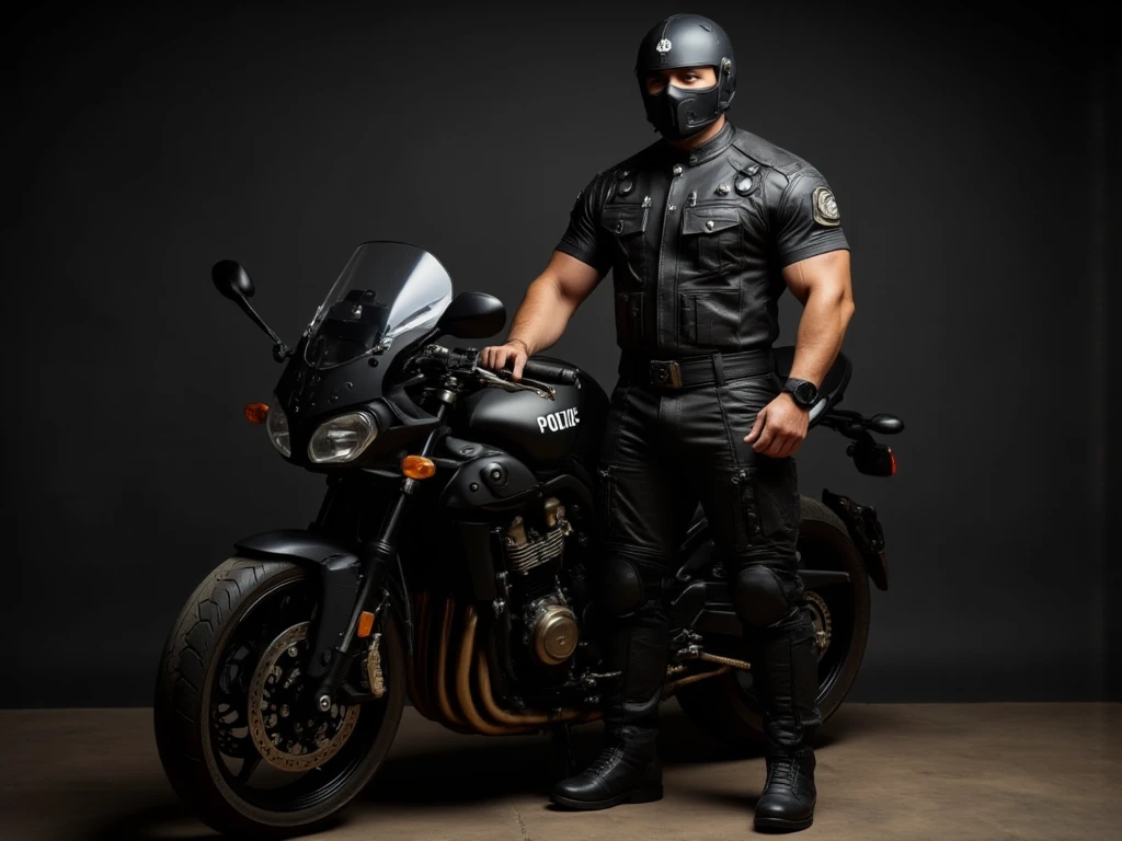 A full-body image of a muscular adult male dressed in police tactical gear, PTU-style, wearing a black leather full-body suit, mask, and tactical boots. The sleek leather outfit provides full coverage, exuding a dark and intense atmosphere. The scene is illuminated by low light, casting dramatic shadows that enhance the mysterious and powerful presence. He stands beside a heavy-duty police motorcycle, ready for action. The composition emphasizes his commanding stance and the tactical precision of his gear,Future City Technology,blending a sleek, futuristic aesthetic with a gritty, law enforcement vibe.
