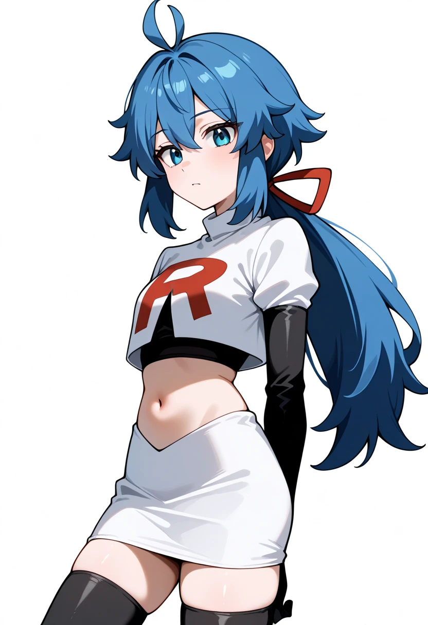 masterpiece, best quality, white background, looking the viewer, 
 1girl, blue hair, blue eyes, hair ribbon, ahoge, long hair, ponytail,  hair between eyes, red ribbon, navel, team rocket,team rocket uniform,white skirt,red letter R,crop top,black thigh-highs,black elbow gloves, cowboy_shot