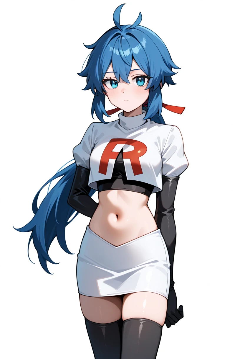 masterpiece, best quality, white background, looking the viewer, 
 1girl, blue hair, blue eyes, hair ribbon, ahoge, long hair, ponytail,  hair between eyes, red ribbon, navel, team rocket,team rocket uniform,white skirt,red letter R,crop top,black thigh-highs,black elbow gloves, cowboy_shot