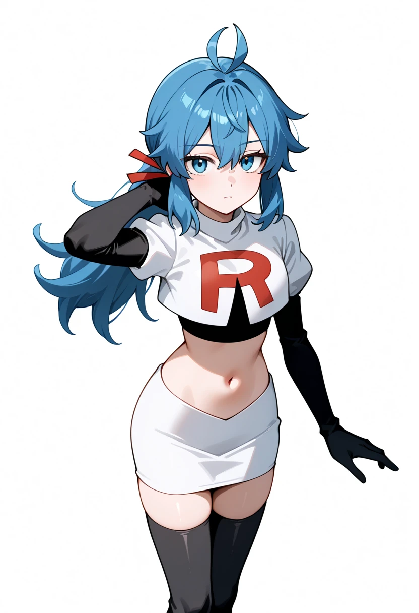 masterpiece, best quality, white background, looking the viewer, 
 1girl, blue hair, blue eyes, hair ribbon, ahoge, long hair, ponytail,  hair between eyes, red ribbon, navel, team rocket,team rocket uniform,white skirt,red letter R,crop top,black thigh-highs,black elbow gloves, cowboy_shot