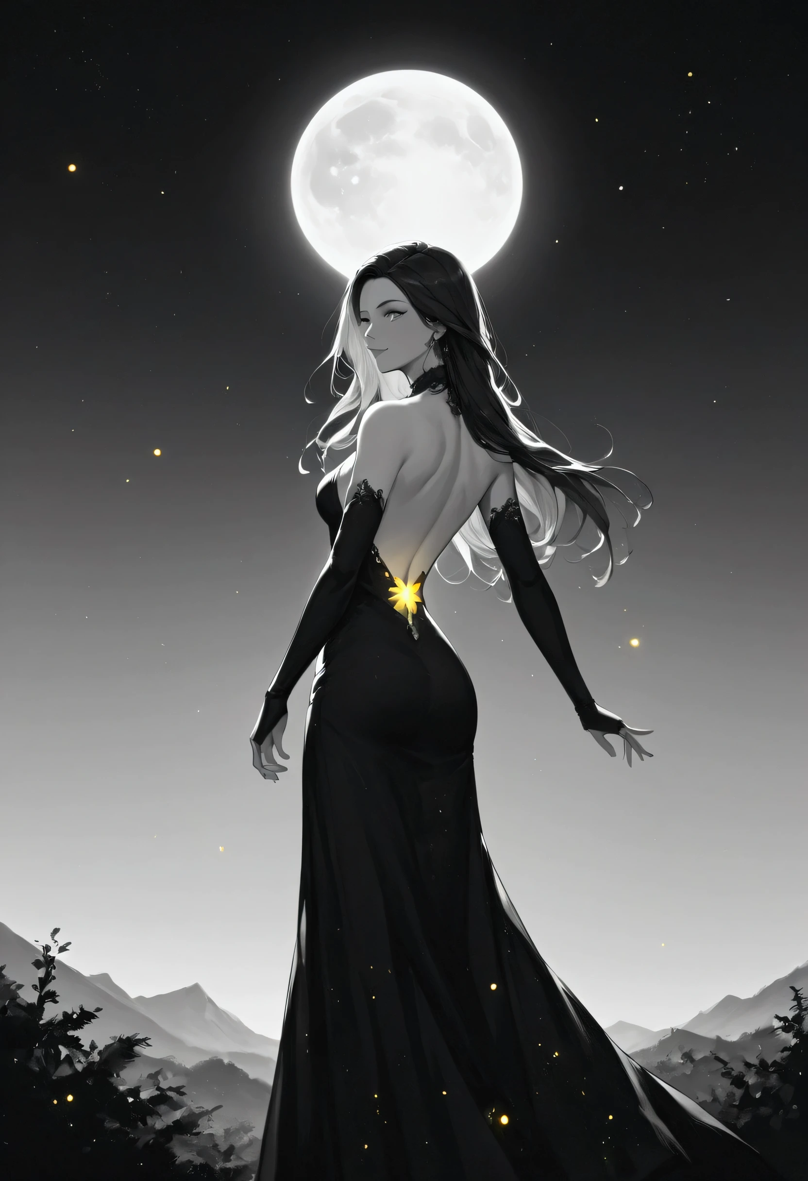 score_9, score_8_up, score_7_up, score_6_up, score_5_up, score_4_up, (black and white art: 1.5) mostly black and white, a picture of a beautiful woman, long hair, wearing black silk dress, with yellow glowing stars on it, backless dress, small cleavage, it is night, the moon in the sky, picture taken from the rear (only colors are the dress and the eyes), Haute_Couture