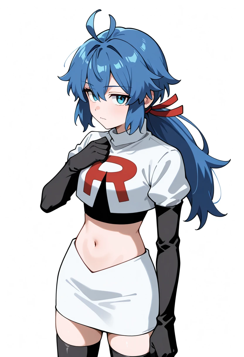 masterpiece, best quality, white background, looking the viewer, 
 1girl, blue hair, blue eyes, hair ribbon, ahoge, long hair, ponytail,  hair between eyes, red ribbon, navel, team rocket,team rocket uniform,white skirt,red letter R,crop top,black thigh-highs,black elbow gloves, cowboy_shot