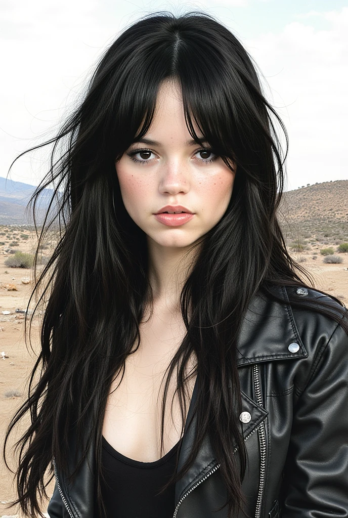 Beautiful portrait of a woman, Jenna Ortega,
young woman, long black hair,  small freckles, black leather jacket, in a desolated landscape, ink and watercolor, Painting of Luis Royo, high resolution, high definition, masterpiece, many details, cold colors