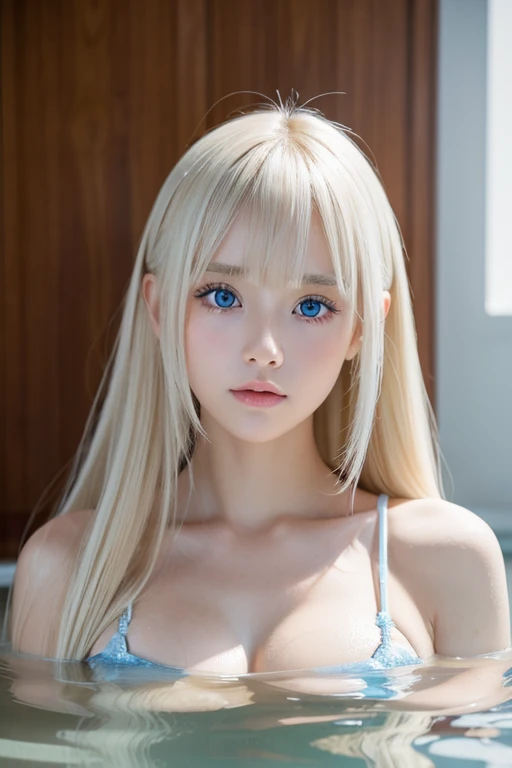  1 ****-**********, very super long hair ,  high res, Extremely bright blue eyes, Very big bright iris eyes、Platinum Blonde, bangs, 目の間のbangs, very beautiful very long hair ,  people in the hot water room 、Hair in the eyes, round face、Small Face Beauty、 big breasts, とても白い people in the hot water room 