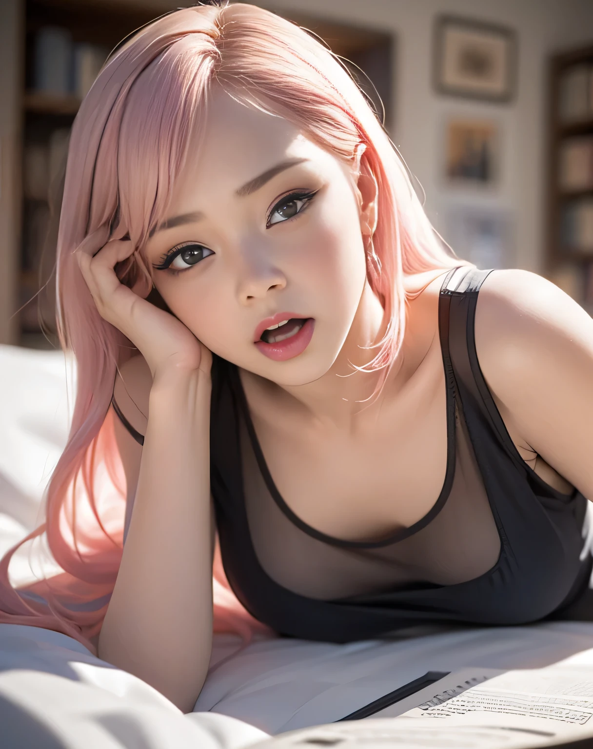 pov, having sex,  sex, tight sex, intercourse, 1girl, (best quality, insanely detailed, absurdres, a girl, excited, blissful, frowning, flushed cheeks, lying down, hands on hips, legs spread, looking down, semi long, straight hair, hair bun, pink hair, brown eyes, eyes closed, tan lines, detailed skin, detailed face, short, glamorous, beautiful breasts, beautiful ass, sarong, undone clothing, clothes lift, gyaru, piercing, 20-year-old, japanese, Scene of Pleasure,vaginal penetration, closing eyes, furrowed brow, frown, wince, large open mouth, screaming, dislike, lying, painful, tears, drool, feel orgasm strongly, love juice from vagina ), 1boy,(male human, human male, human cock, short penis, thick penis, veiny penis, hand grabbing),