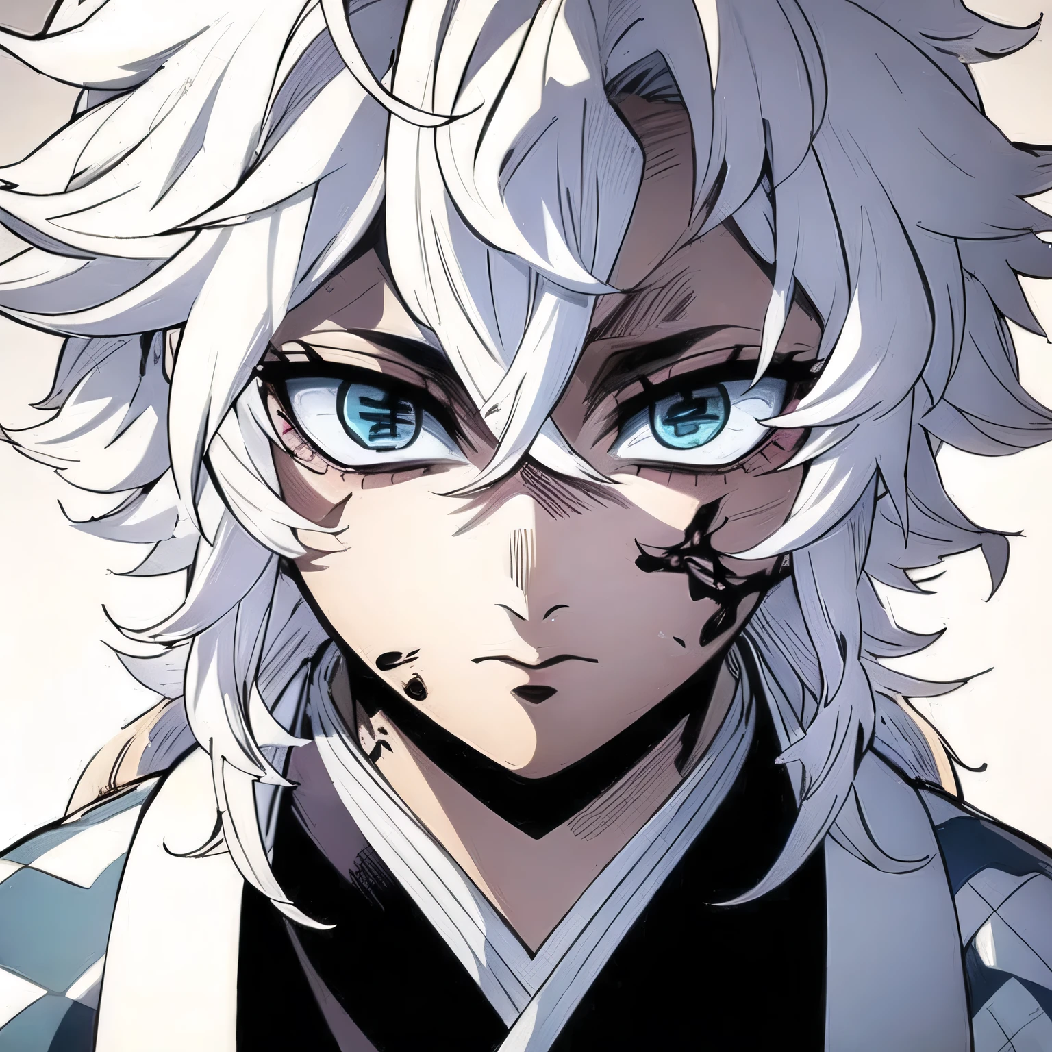 moon_demon,1boy,white hair, red eyes,mismatched pupils,japanese clothes,