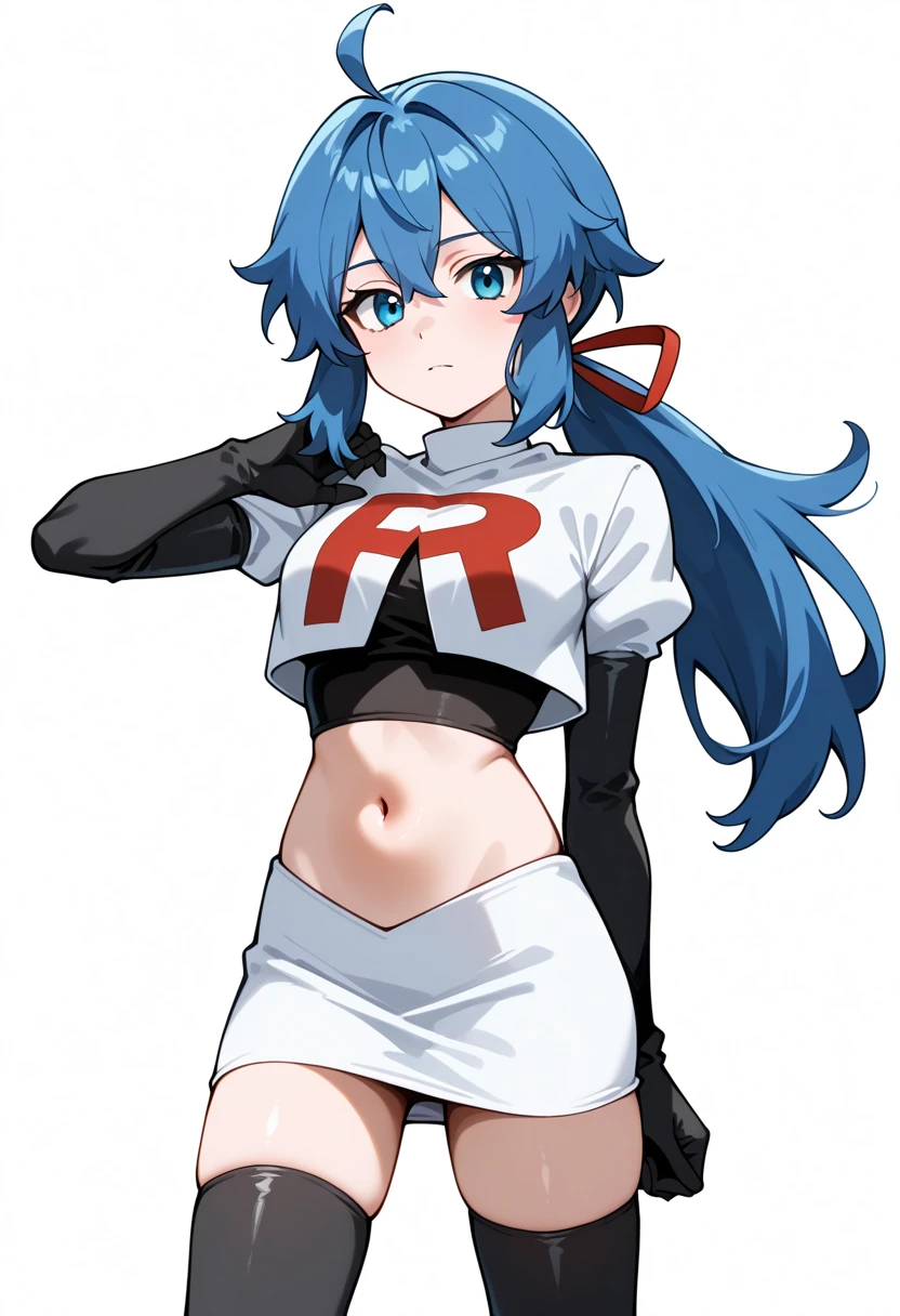 masterpiece, best quality, white background, looking the viewer, 
 1girl, blue hair, blue eyes, hair ribbon, ahoge, long hair, ponytail,  hair between eyes, red ribbon, navel, team rocket,team rocket uniform,white skirt,red letter R,crop top,black thigh-highs,black elbow gloves, cowboy_shot