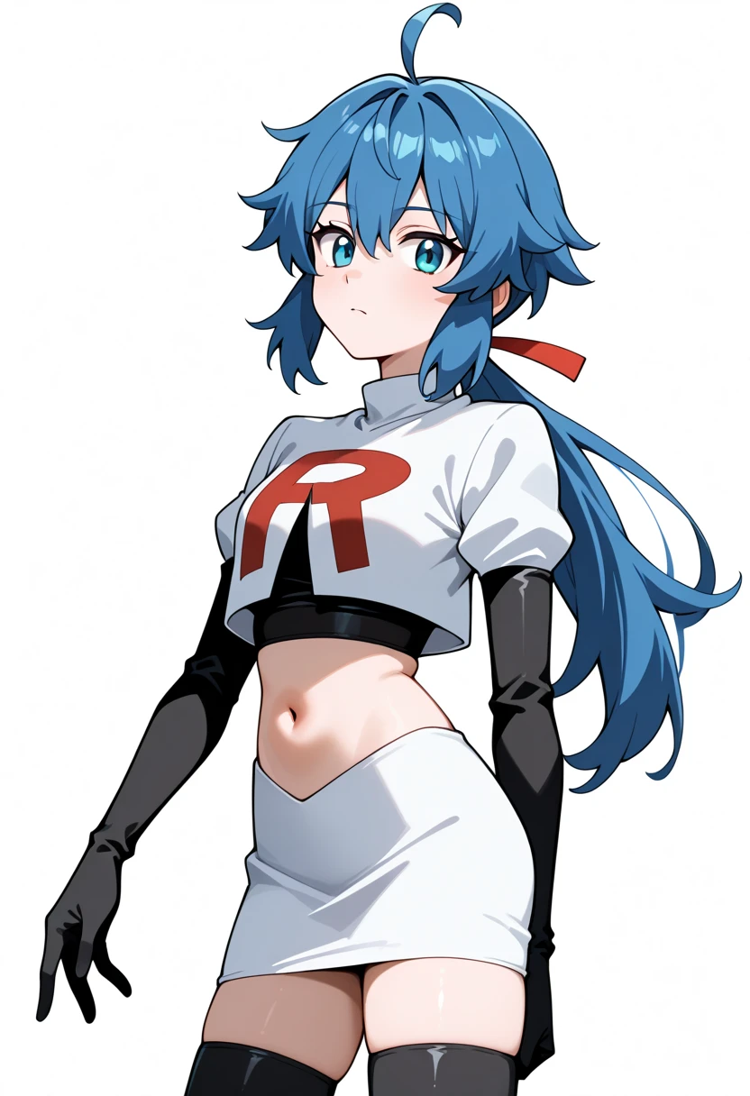 masterpiece, best quality, white background, looking the viewer, 
 1girl, blue hair, blue eyes, hair ribbon, ahoge, long hair, ponytail,  hair between eyes, red ribbon, navel, team rocket,team rocket uniform,white skirt,red letter R,crop top,black thigh-highs,black elbow gloves, cowboy_shot