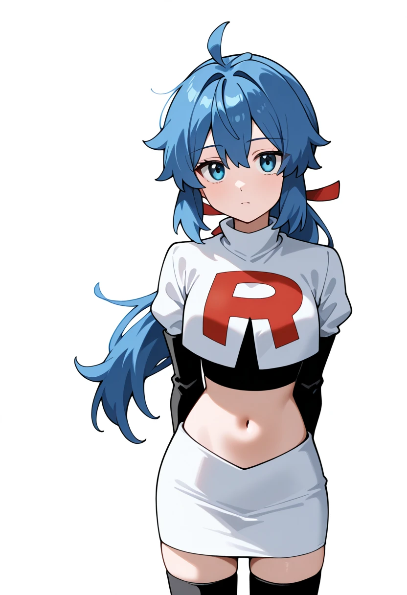 masterpiece, best quality, white background, looking the viewer, 
 1girl, blue hair, blue eyes, hair ribbon, ahoge, long hair, ponytail,  hair between eyes, red ribbon, navel, team rocket,team rocket uniform,white skirt,red letter R,crop top,black thigh-highs,black elbow gloves, cowboy_shot