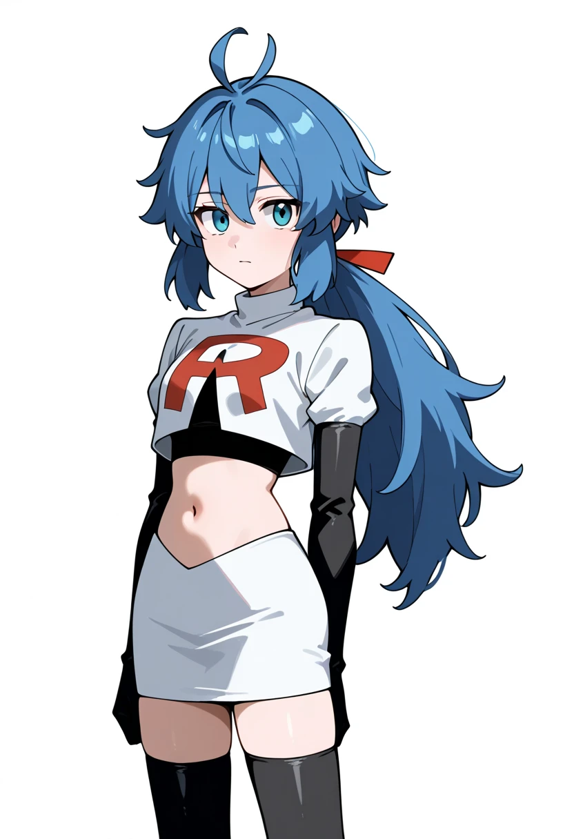 masterpiece, best quality, white background, looking the viewer, 
 1girl, blue hair, blue eyes, hair ribbon, ahoge, long hair, ponytail,  hair between eyes, red ribbon, navel, team rocket,team rocket uniform,white skirt,red letter R,crop top,black thigh-highs,black elbow gloves, cowboy_shot