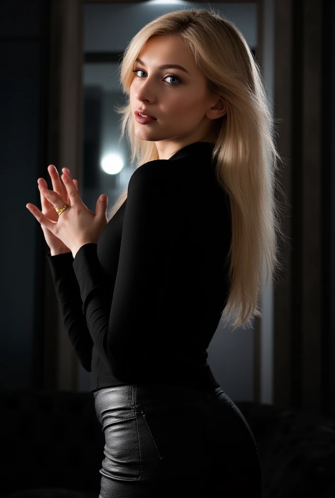 (masterpiece: 1.3), (8k, Realistic, Raw photo, Highest quality: 1.4), Highest quality, masterpiece, Ultra-high resolution, (Realistic:1.4), RAW Photos, One person, Attractive Russian Model、Nata Lee, Light blonde hair, blue eyes, Detailed eyes and face, Black and silver suit, Dynamic Lighting, In the Dark, Deep Shadow, Modest, Full body shot of a cowboy.