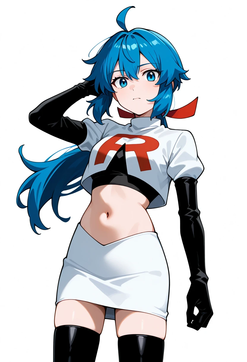 masterpiece, best quality, white background, looking the viewer, 
 1girl, blue hair, blue eyes, hair ribbon, ahoge, long hair, ponytail,  hair between eyes, red ribbon, navel, team rocket,team rocket uniform,white skirt,red letter R,crop top,black thigh-highs,black elbow gloves, cowboy_shot