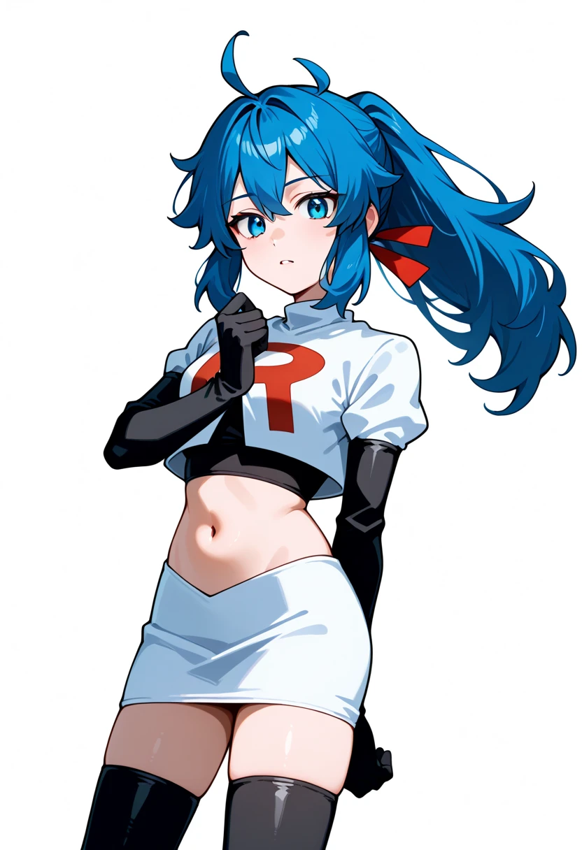 masterpiece, best quality, white background, looking the viewer, 
 1girl, blue hair, blue eyes, hair ribbon, ahoge, long hair, ponytail,  hair between eyes, red ribbon, navel, team rocket,team rocket uniform,white skirt,red letter R,crop top,black thigh-highs,black elbow gloves, cowboy_shot