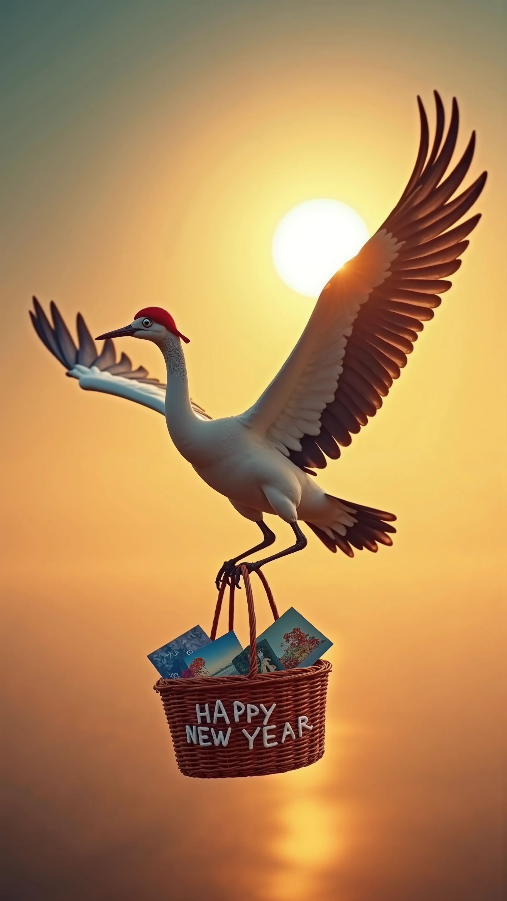 It takes a close-up shot of a flying crane with the basket hanging around its neck. The basket is full of postcards. The basket reads, "Happy New Year." The background is depicting the sun rising on the horizon