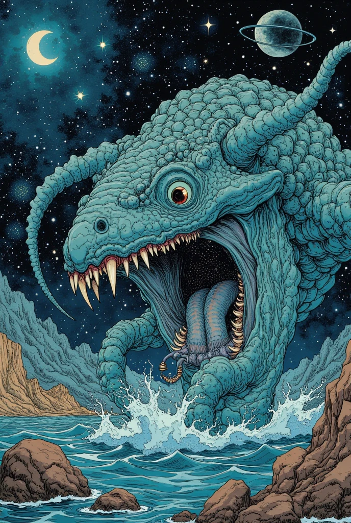  Comic Book Panels 。 There are many types of sea monsters in this picture,  Lovecraft Illustrations , Lovecraft Art , HP Lovecraft Style , Space and ocean horror illustration ,  lovecraftian Inspiration ,  Mixed Venom and Cthulhu , Lovecraft Backgrounds ,  Lovecraft Cosmic Fear , 怖い detail カラーのアート ,  Lovecraft Myths , Inspired by Lovecraft,  Lovecraft Horror , anatomically correct ,  very detailed,  detail , 