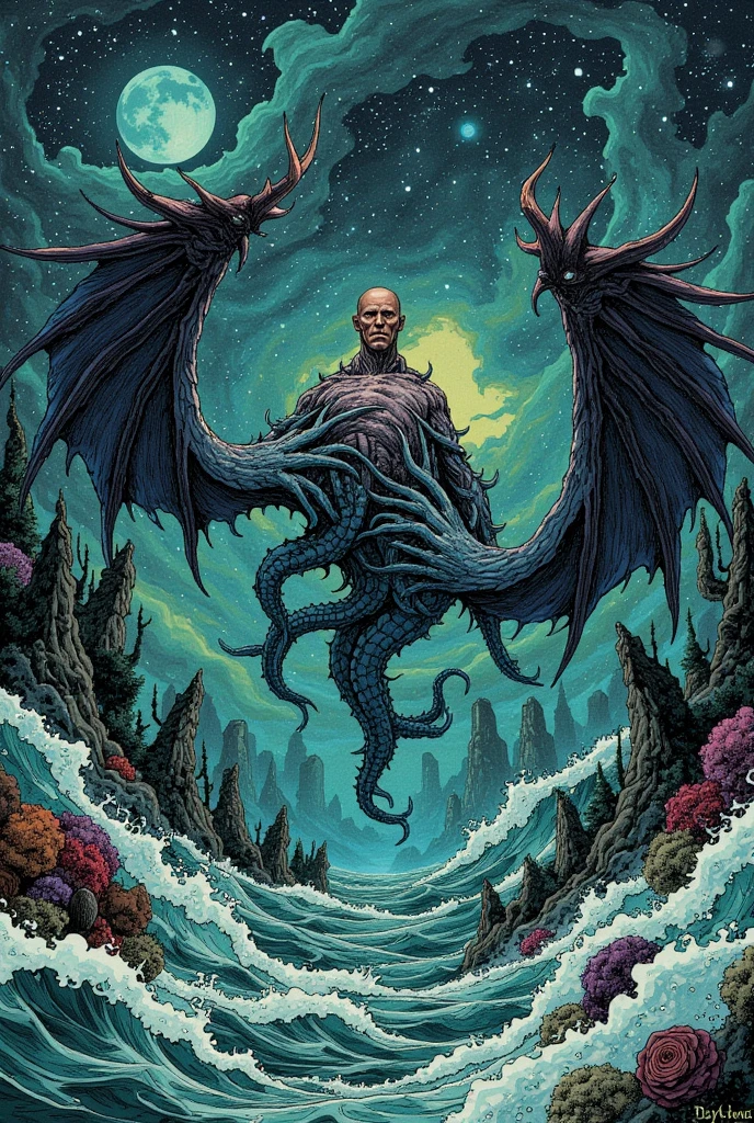  Comic Book Panels 。 There are many types of sea monsters in this picture,  Lovecraft Illustrations , Lovecraft Art , HP Lovecraft Style , Space and ocean horror illustration ,  lovecraftian Inspiration ,  Mixed Venom and Cthulhu , Lovecraft Backgrounds ,  Lovecraft Cosmic Fear , 怖い detail カラーのアート ,  Lovecraft Myths , Inspired by Lovecraft,  Lovecraft Horror , anatomically correct ,  very detailed,  detail , 