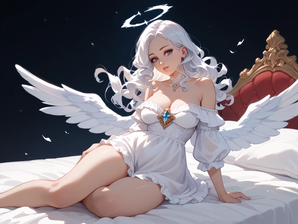 beautiful woman, sitting on bed, wearing loose off-shoulder royal dress ,long curly hair, white hair, hour glass body enourmest breasts and big hips,Fallen angel, 6 angel wings