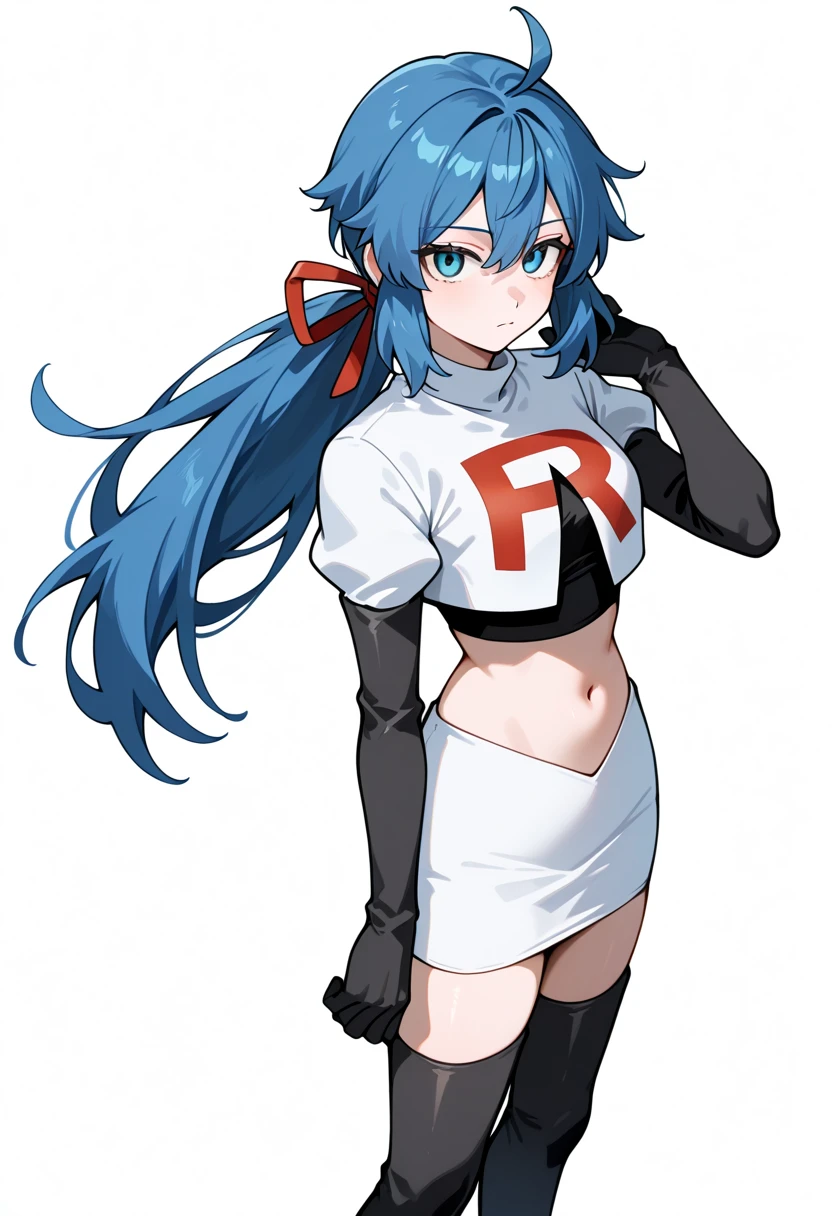 masterpiece, best quality, white background, looking the viewer, 
 1girl, blue hair, blue eyes, hair ribbon, ahoge, long hair, ponytail,  hair between eyes, red ribbon, navel, team rocket,team rocket uniform,white skirt,red letter R,crop top,black thigh-highs,black elbow gloves, cowboy_shot