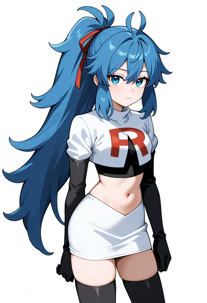 masterpiece, best quality, white background, looking the viewer, 
 1girl, blue hair, blue eyes, hair ribbon, ahoge, long hair, ponytail,  hair between eyes, red ribbon, navel, team rocket,team rocket uniform,white skirt,red letter R,crop top,black thigh-highs,black elbow gloves, cowboy_shot