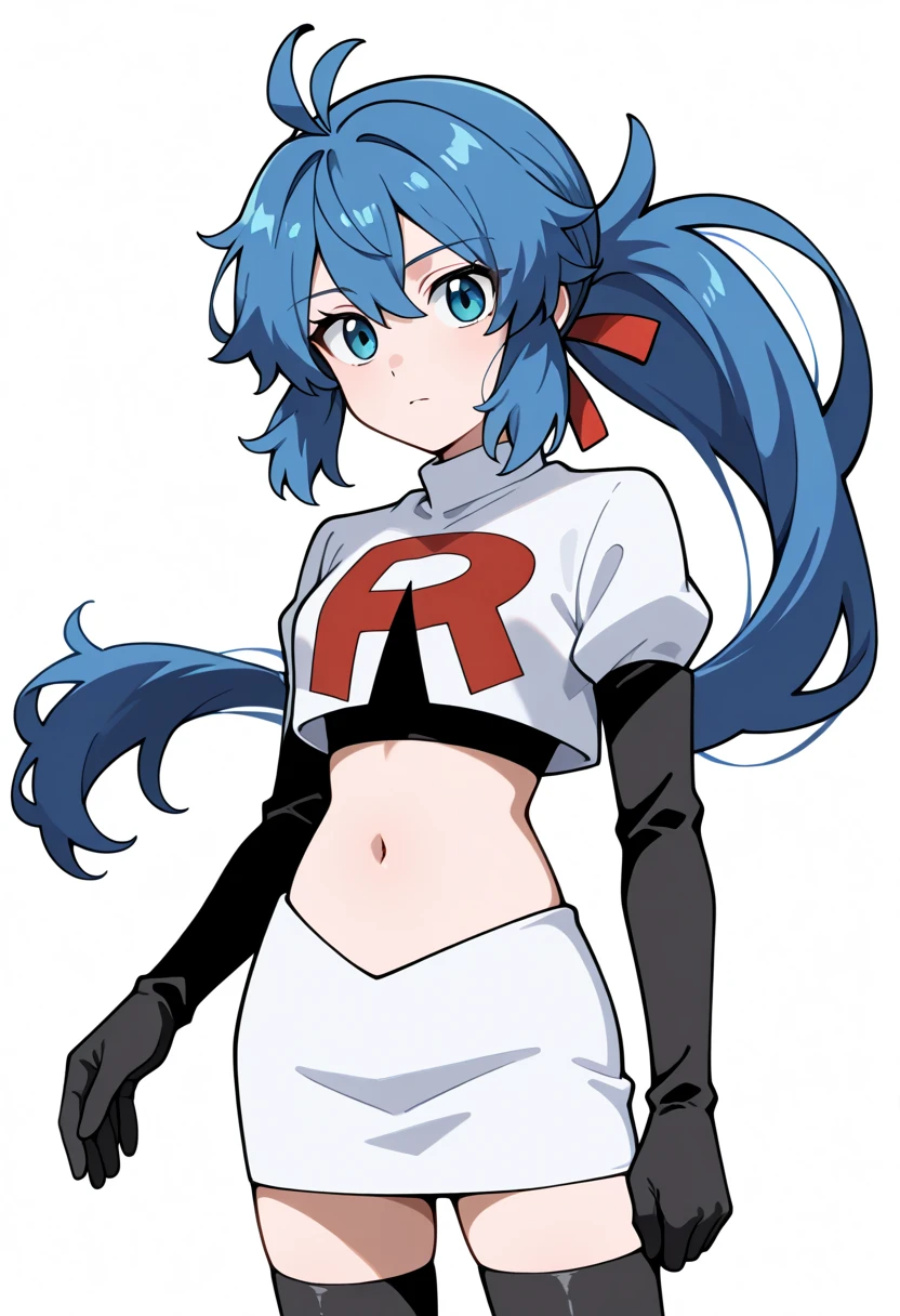 masterpiece, best quality, white background, looking the viewer, 
 1girl, blue hair, blue eyes, hair ribbon, ahoge, long hair, ponytail,  hair between eyes, red ribbon, navel, team rocket,team rocket uniform,white skirt,red letter R,crop top,black thigh-highs,black elbow gloves, cowboy_shot