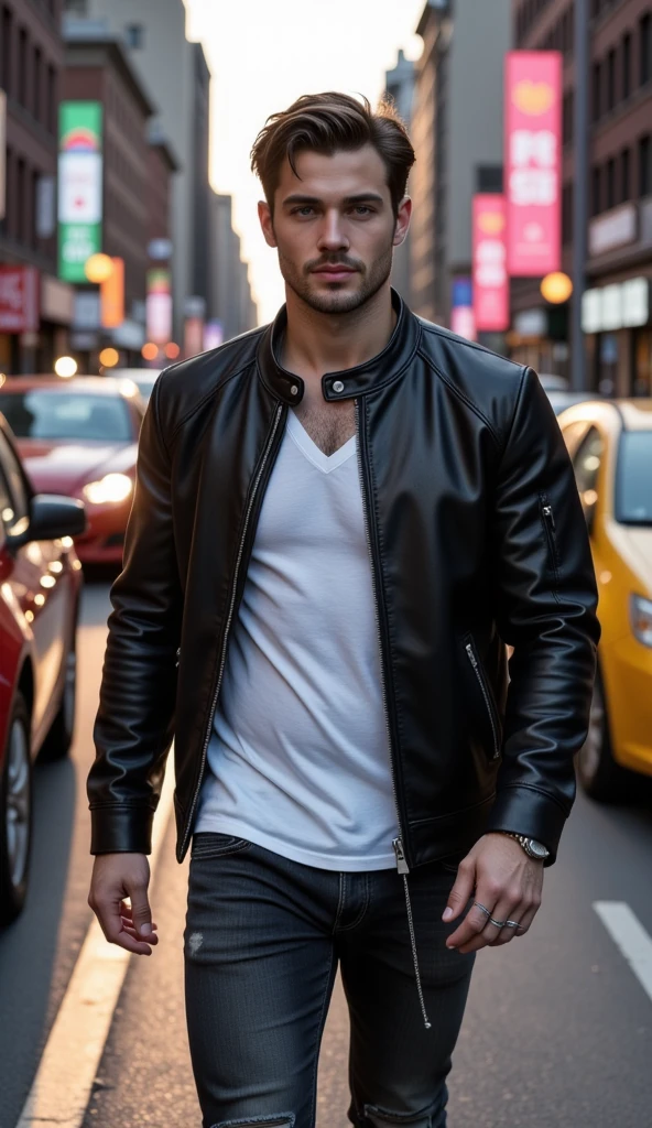 "An attractive young man strolls through the busy streets of a big city at dusk. He exudes confidence and charisma, and his style combines urban chic with a touch of rebellion. Colorful cars, resembling melted lollipops, slowly drive around the guy. Their bodies shimmer like soap bubbles. The guy's face Chiseled chin with light stubble. Deep, expressive eyes that seem to hold a whole world of secrets. Full, slightly pouty lips that curve into a thin, mysterious smile. Slightly tousled dark hair, carelessly falling over his forehead. The guy's got the gear Fitted black leather jacket with silver zippers and a light sheen. A simple white V-neck T-shirt that accentuated his muscular figure. Dark jeans with a narrow cut, slightly worn, which gives them a worn, sharp look. Black army boots with silver buckles give his look an austere look. A silver chain sparkling in the twilight complements his overall look. The guy's accessories Vintage silver wristwatch with leather strap. Several silver rings on his fingers gave him a special style. A small, inconspicuous earring in his left ear gave him a rebellious look.