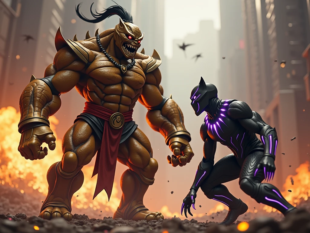 2 adults, The first one is a tall man, Thanos fighting fist to fist with Dr Doom, in a destroyed city, lines of movement, Motion blur, speed lines, cinematic lighting, estilo Western Animation Diffusion