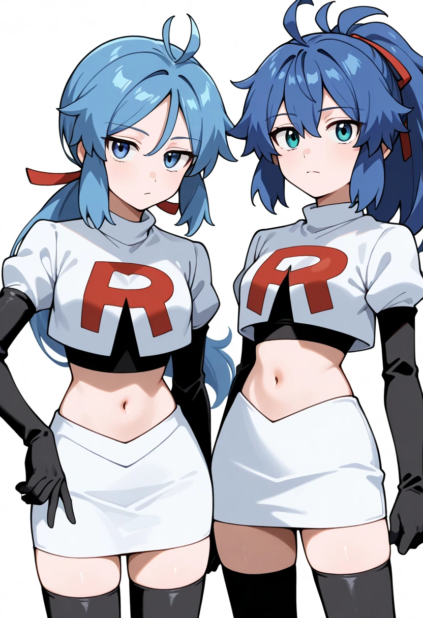 masterpiece, best quality, white background, looking the viewer, 
 1girl, blue hair, blue eyes, hair ribbon, ahoge, long hair, ponytail,  hair between eyes, red ribbon, navel, team rocket,team rocket uniform,white skirt,red letter R,crop top,black thigh-highs,black elbow gloves, cowboy_shot