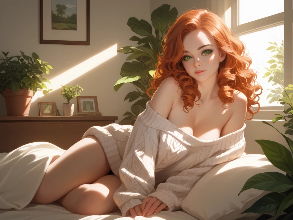 beautiful woman, sitting on bed, wearing loose off-shoulder oversized sweater, long curly hair ginger, indoors, soft lighting, plants in background, window with sunlight, cozy room, relaxed pose, realistic, intricate details, warm colors,green eyes,