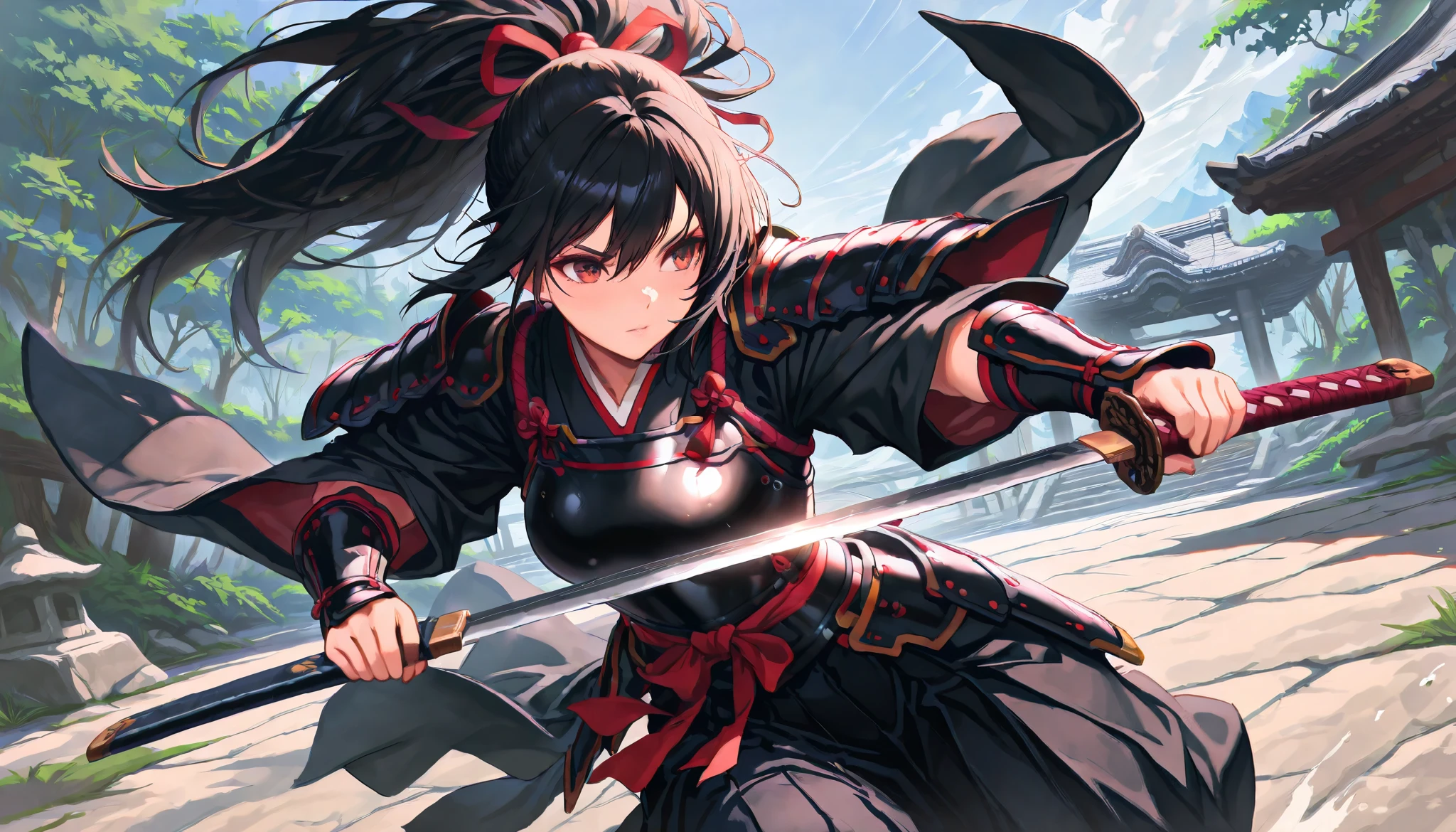 a picture of Japanese female samurai, she has long black hair, wearing samurai armor, armed with a katana, ready for battle, dynamic angle,, Japanese fantasy art, (Masterpiece: 1.5), 16k, highres, best quality, high details, ultra detailed, masterpiece, best quality, (extremely detailed), arafed, dnd art, 