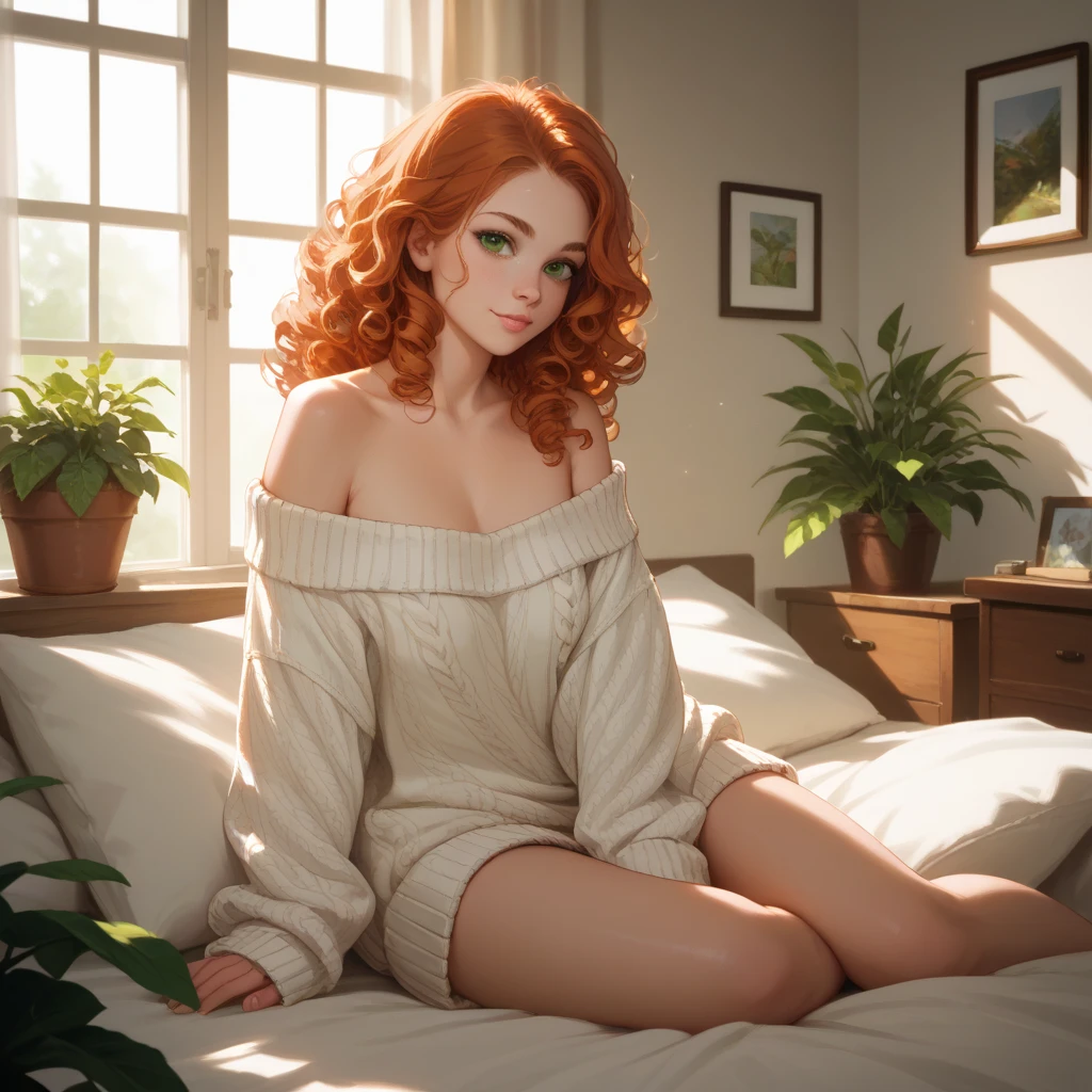  beautiful woman, sitting on bed, wearing loose off-shoulder oversized sweater, long curly hair ginger, indoors, soft lighting, plants in background, window with sunlight, cozy room, relaxed pose, realistic, intricate details, warm colors,green eyes,