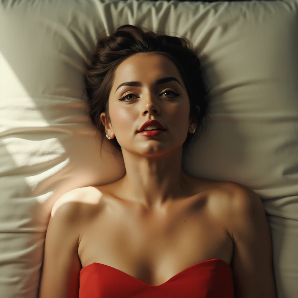 Ana de Armas, picture from above, lying limp on a bed with white sheet, red strapless dress, sleeping, closed eyes, head tilt, mouth slightly open, loose arms