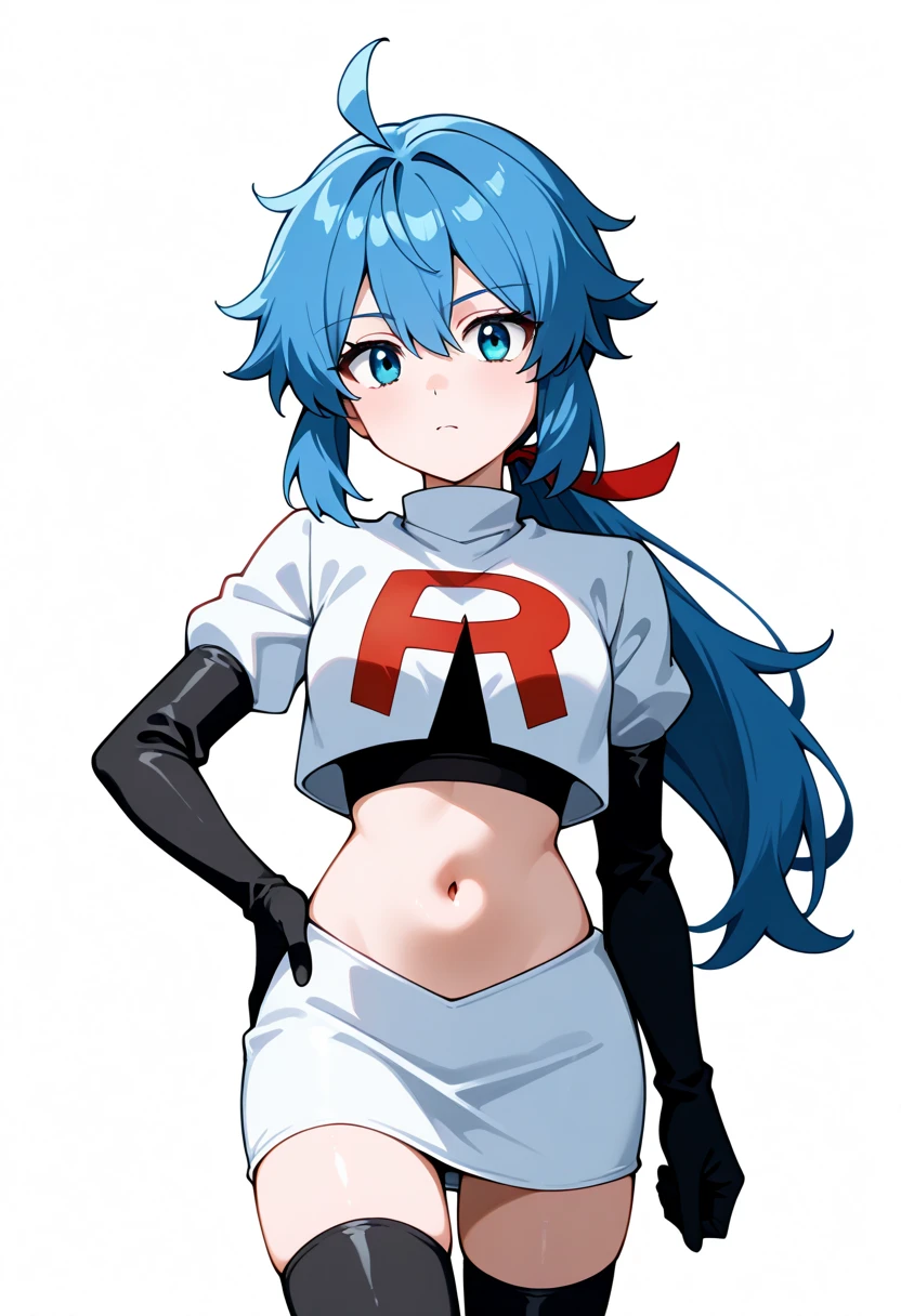 masterpiece, best quality, white background, looking the viewer, 
 1girl, blue hair, blue eyes, hair ribbon, ahoge, long hair, ponytail,  hair between eyes, red ribbon, navel, team rocket,team rocket uniform,white skirt,red letter R,crop top,black thigh-highs,black elbow gloves, cowboy_shot