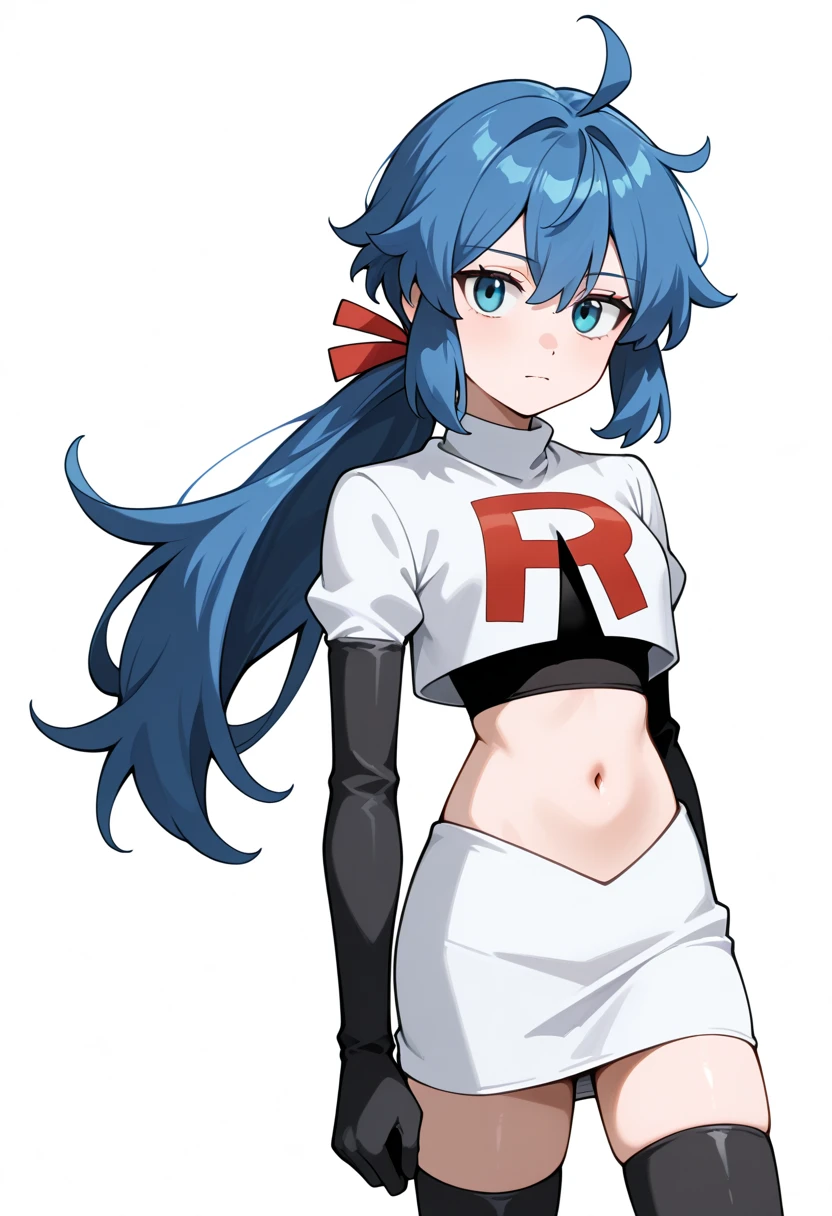 masterpiece, best quality, white background, looking the viewer, 
 1girl, blue hair, blue eyes, hair ribbon, ahoge, long hair, ponytail,  hair between eyes, red ribbon, navel, team rocket,team rocket uniform,white skirt,red letter R,crop top,black thigh-highs,black elbow gloves, cowboy_shot