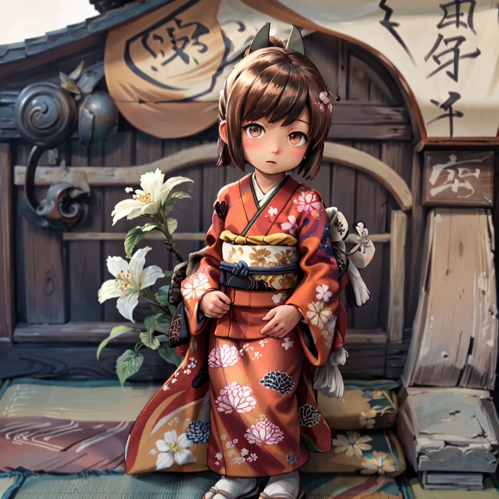 shioichan, red kimono, obi, japanese clothing, short ponytail, hair ornament, floral print, furisode, long sleeves, brown eyes