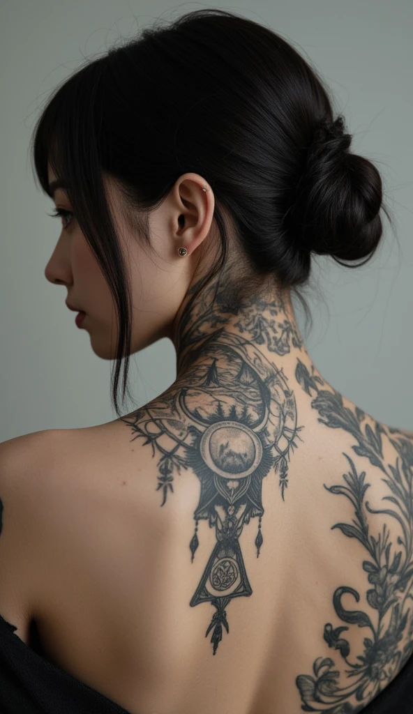 Several tattoos of Wicca symbols and witchcraft on a realistic short-haired woman's back of the head 