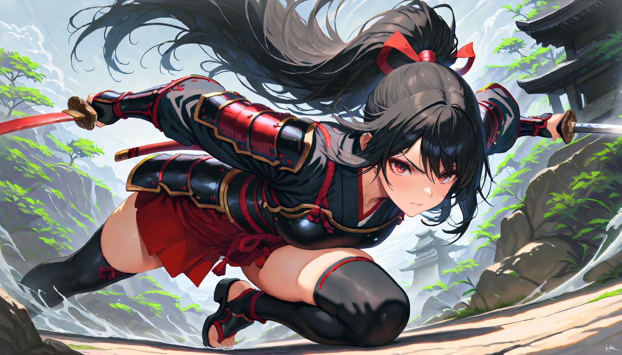 a picture of Japanese female samurai, she has long black hair, wearing samurai armor, armed with a katana, ready for battle, dynamic angle,, Japanese fantasy art, (Masterpiece: 1.5), 16k, highres, best quality, high details, ultra detailed, masterpiece, best quality, (extremely detailed), arafed, dnd art, 