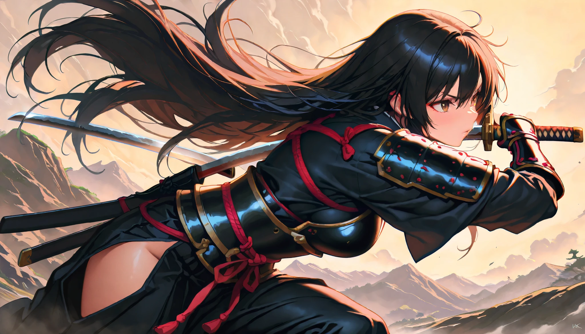 a picture of Japanese female samurai, she has long black hair, wearing samurai armor, armed with a katana, ready for battle, dynamic angle,, Japanese fantasy art, (Masterpiece: 1.5), 16k, highres, best quality, high details, ultra detailed, masterpiece, best quality, (extremely detailed), arafed, dnd art, 