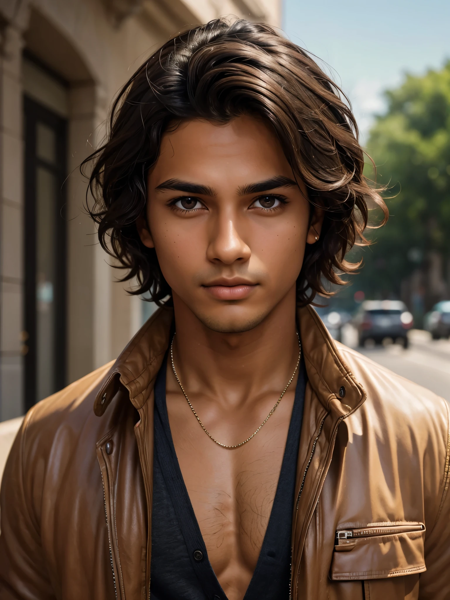 (best quality), 1boy, Male, tanned skin, dark brown hair, short hair, wavy hair, brown eyes, perfect eyes, dark circles under eyes, open jacket, masterpiece, anatomically correct, highres
