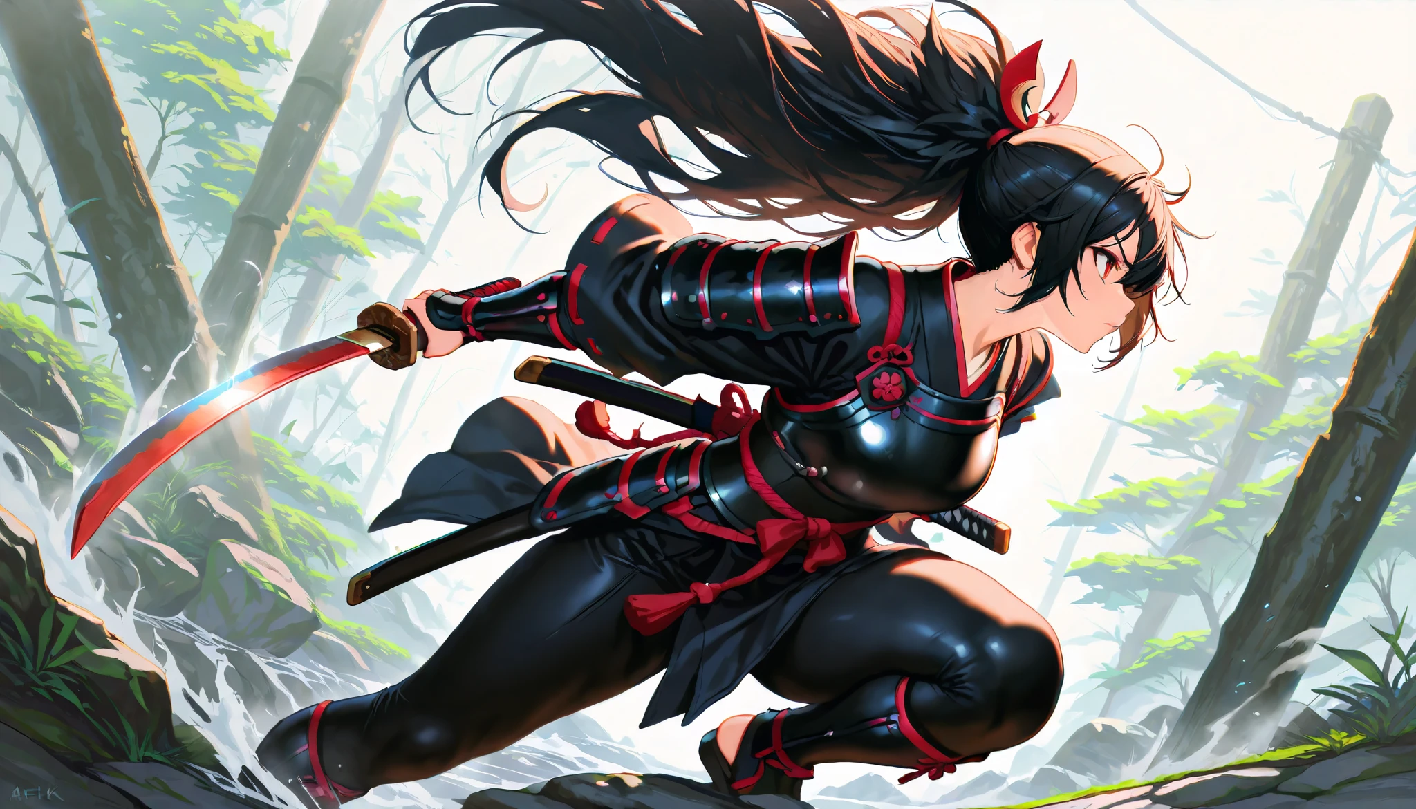 a picture of Japanese female samurai, she has long black hair, wearing samurai armor, armed with a katana, ready for battle, dynamic angle,, Japanese fantasy art, (Masterpiece: 1.5), 16k, highres, best quality, high details, ultra detailed, masterpiece, best quality, (extremely detailed), arafed, dnd art, 