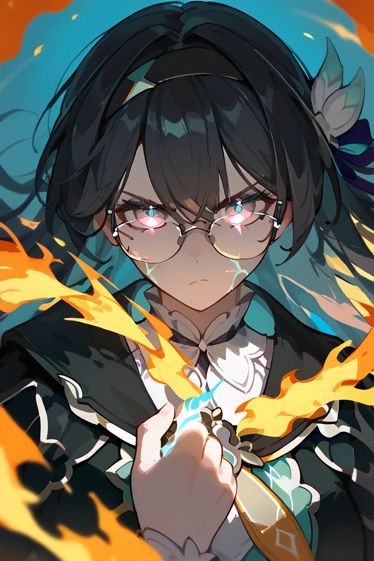 (score_9, score_8_up, score_7_up), 1girl, fireflyhsr, black hair, eyeglasses, hairband, henshin, veins, closed mouth, looking serious, glowing, fire, 