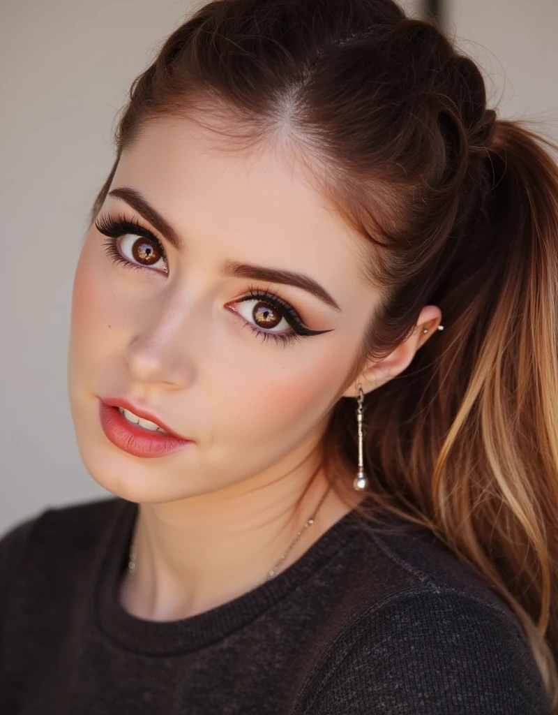 Chrissy Costanza with a ponytail hairstyle, realistic photo, real, brown eyes, looking straight at the viewer.
