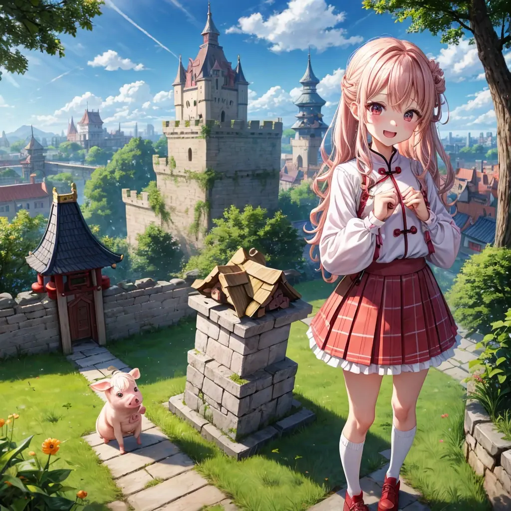 Pink Blonde、Red eyes、Wavy Hair、Hair tied up、Two cute、Checked mini skirt、China、Knee-high socks、Teeth are visible、Monster Castle、Tilting face、grass、Stones are growing out of the ground.、In front of the city gates、Underground tunnels、Wooden bridge、The stone is cracked、Ashura Statue、Giant wood、There is a step on the ground、Piglets in a String