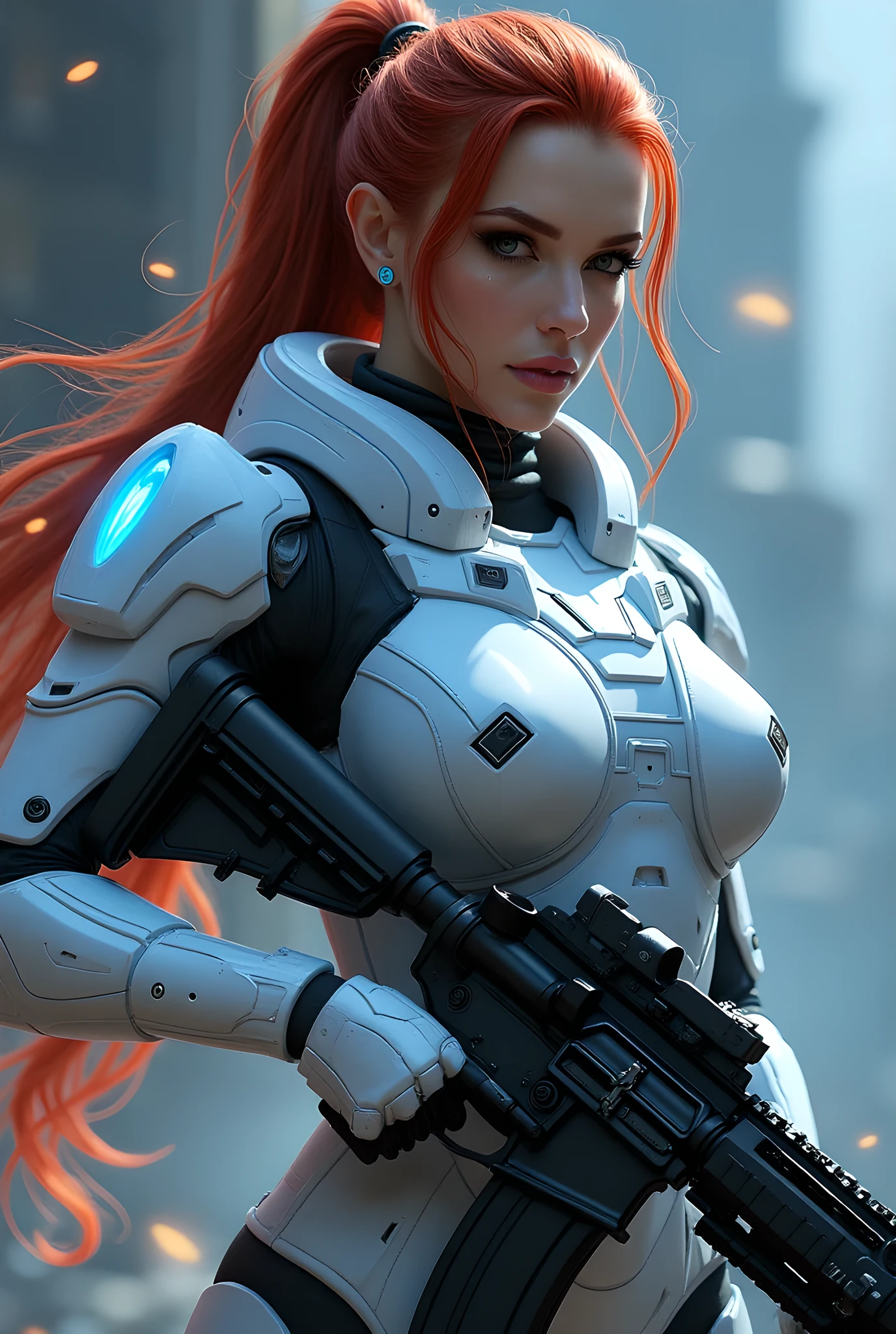A woman, (Long dark red hair, Big Wave: 1.5), (Oval face: 1.3), (Royal sisters: 1.3), 8k, Best image quality, masterpiece, (Ultra-high resolution: 1.2), (White exquisite armor: 1.4), (Real hand details: 1.2), (HD: 1.2), (blue eyes: 1.5), (Beautiful Chinese-European mixed race beauty: 1.2), (Serious: 1.2), (young: 1.5), (Close-up of face details: 1.5), (Realistic skin texture: 1.6), (3D: 1.2), (Modern style corridor: 1.9), (Science fiction: 1.4), (Physical Rendering: 1.5), (Little mouth: 1.2), (Soft facial contours: 1.2), (Technologically sensitive cities of the future: 1.9), (Modern corridors: 1.6), (Perfect body, Thin waist, Large Breasts, Long legs: 1.3)