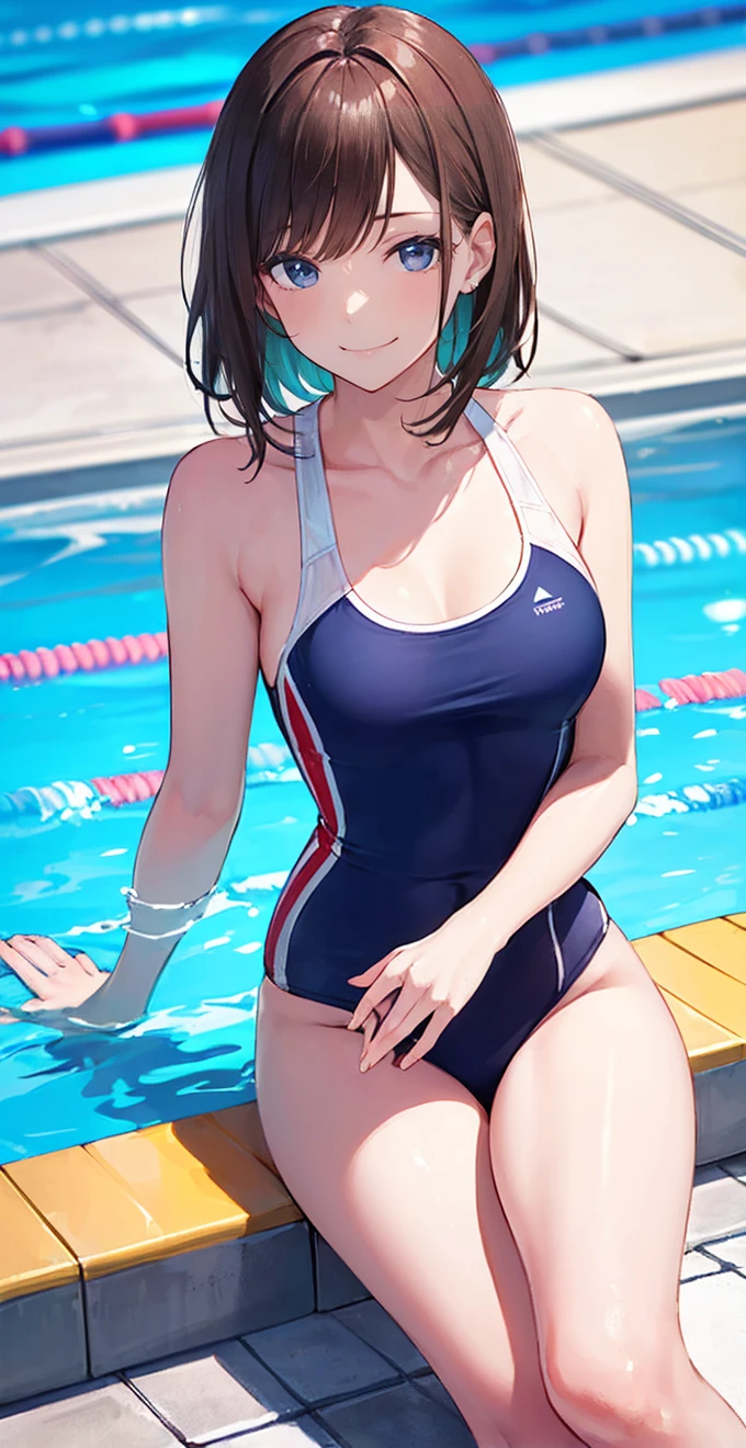 tall body, tall, long legs, mature female, mature, adult, eft_oshi_akane, solo, 1girl, blue hair, looking at viewer, medium hair, bangs, closed mouth, green eyes, multicolored hair, short hair, gradient hair, blue eyes, pool, swimsuit, hot, big thighs, e cup breast, dinamic shot, embarrassed expression, shy expression, closed eyes, dynamic shot, front shot, front body, smiling 
