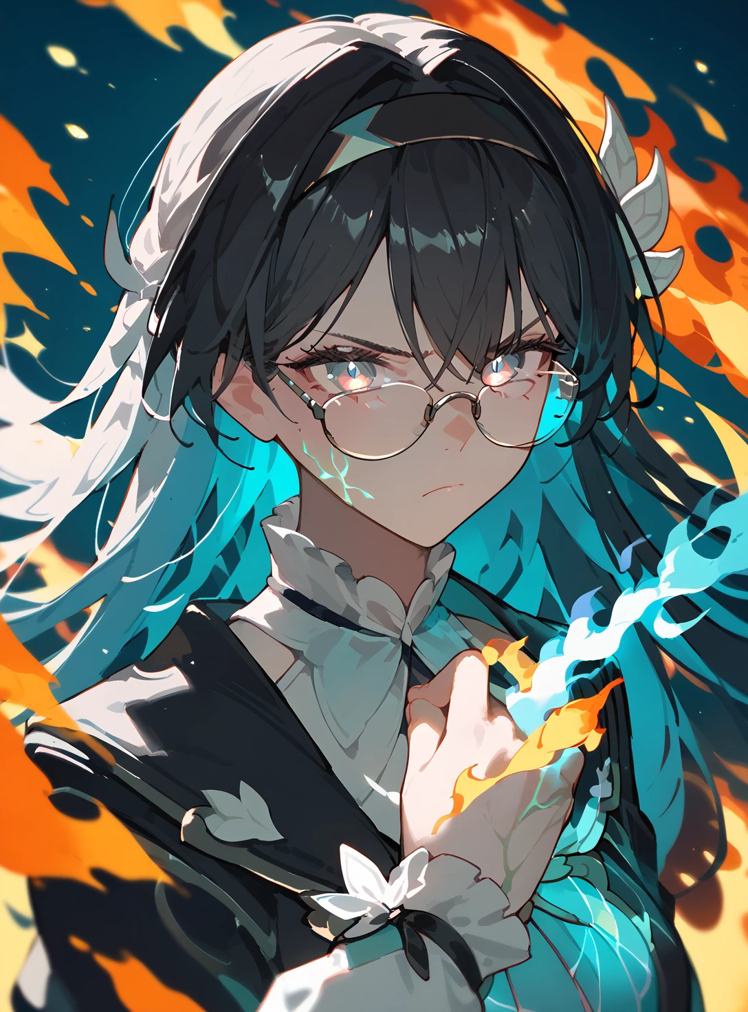 (score_9, score_8_up, score_7_up), 1girl, fireflyhsr, black hair, eyeglasses, hairband, henshin, veins, closed mouth, looking serious, glowing, fire, 