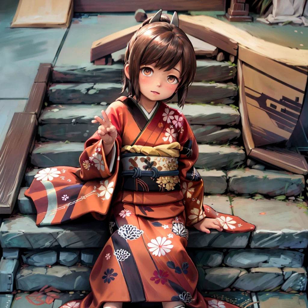 shioichan, red kimono, obi, japanese clothing, short ponytail, hair ornament, floral print, furisode, long sleeves, brown eyes