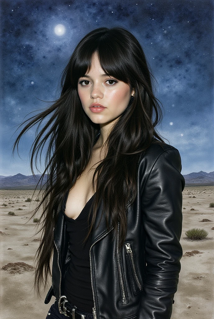 Beautiful portrait of a woman, Jenna Ortega,
young woman, long black hair,  small freckles, black leather jacket, in a desolated landscape, during night, ink and watercolor, Painting of Luis Royo, high resolution, high definition, masterpiece, many details, cold colors