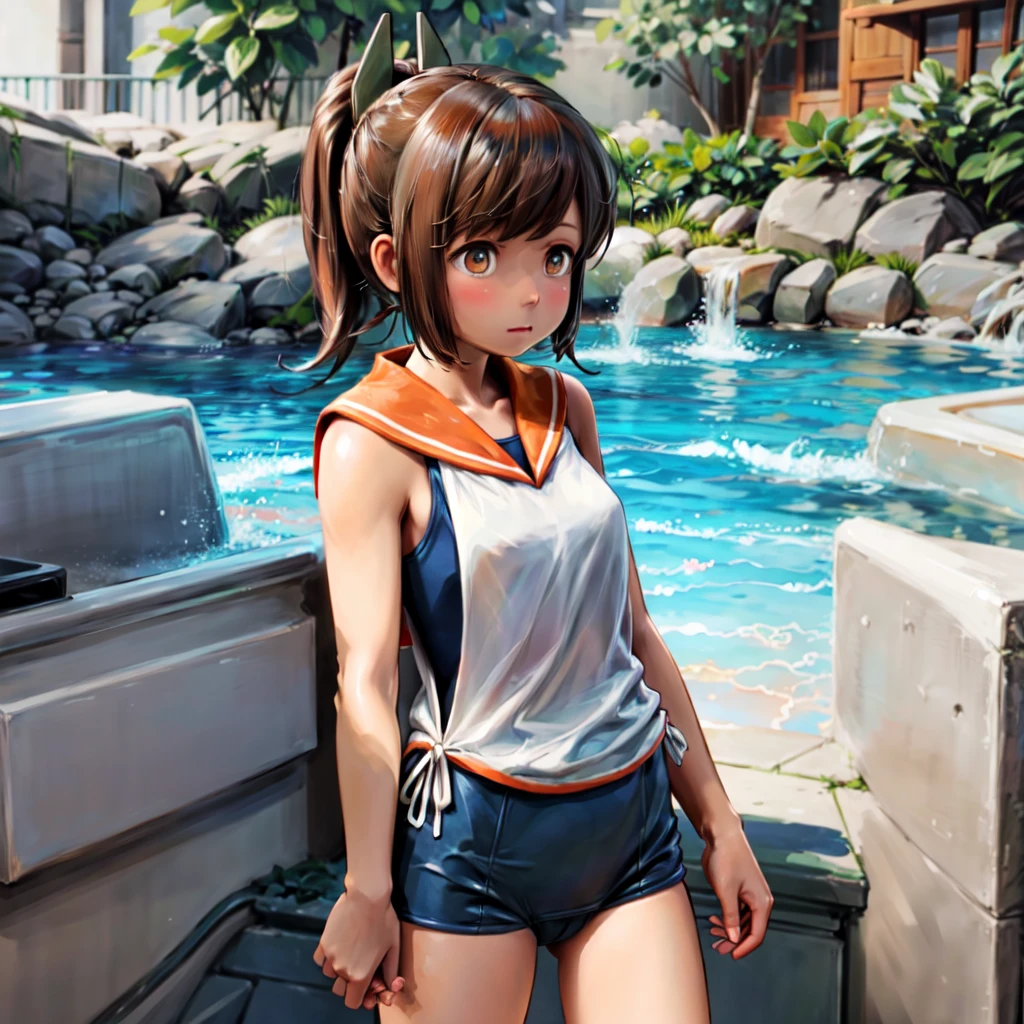 shioichan, one-piece swimsuit, hair ornament, short ponytail, orange sailor collar, white shirt, sleeveless, swimsuit under clothes, brown eyes, tanlines
