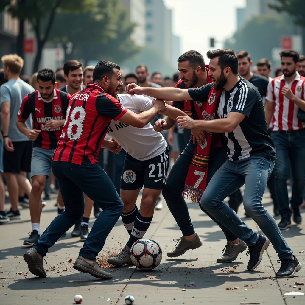 Fight between soccer fans, Punches, falls, fallen people , anger, hatred